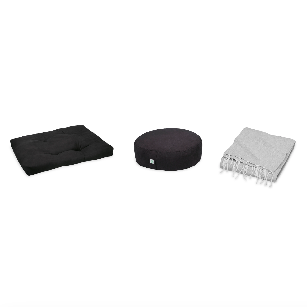 Meditation Bundle - Zabuton (Black), Zafu (Black), Blanket (Grey)